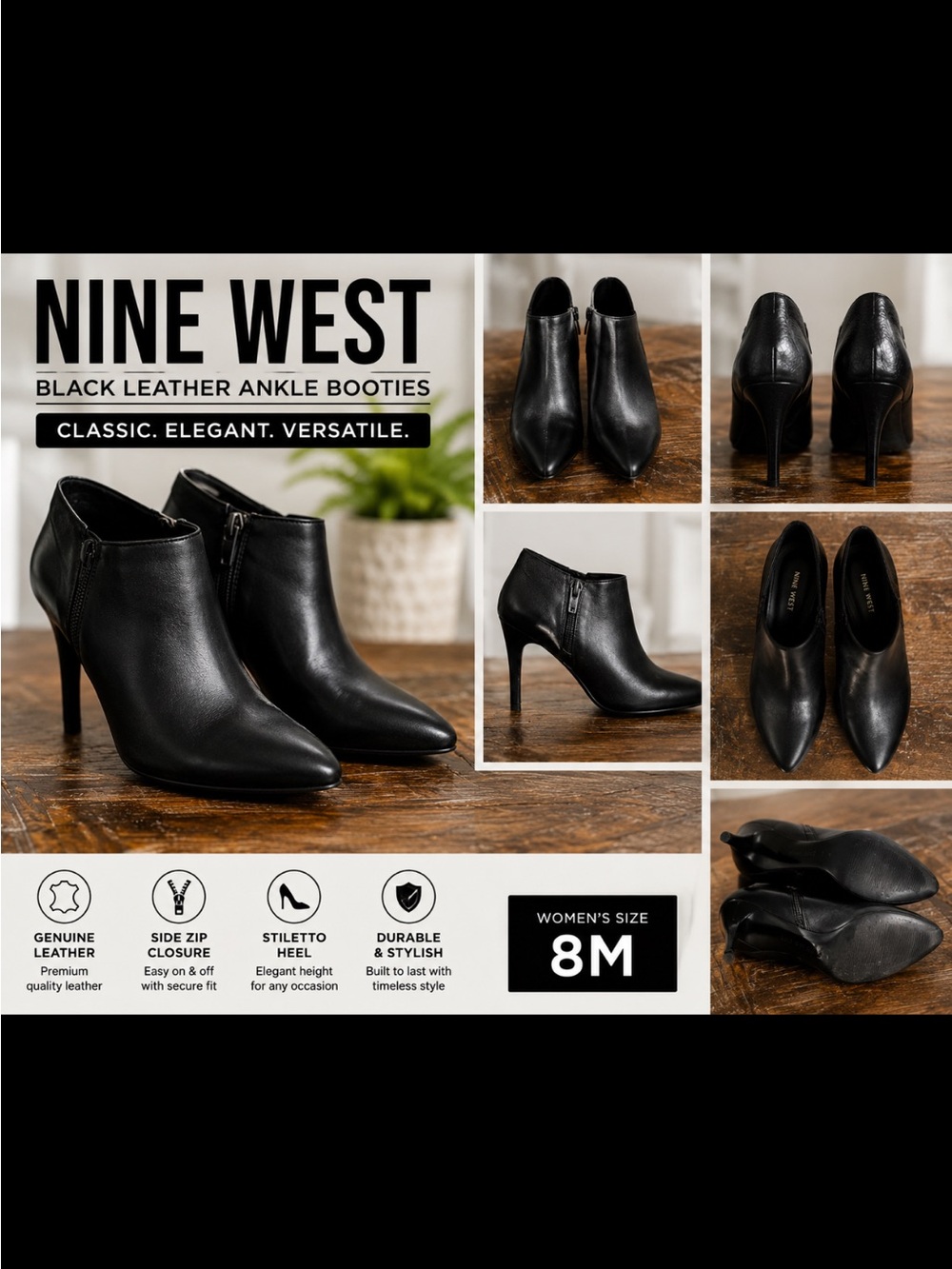 Nine West Black Leather Ankle Booties - Sleek Stiletto Heel